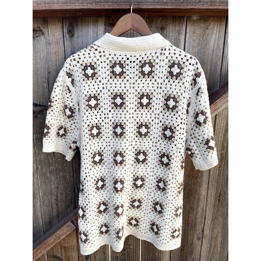 NWT Cotton On Mens Button Down Crochet Havana Shirt Sz M Granny Square Grampcore - Picture 2 of 9